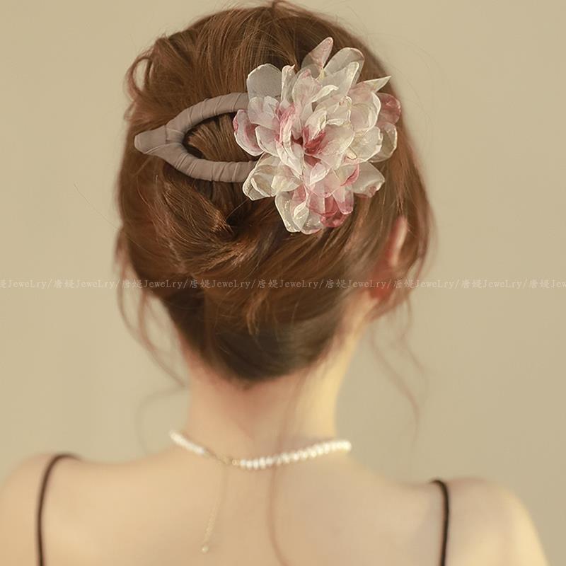 後頭部の髪の量の多い女性向けの春のガーゼフラワーダックビルヘアクリップ、ハイエンドトップクリップ、シャーククリップ|undefined
