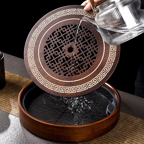 Bamboo water-holding round tea tray for home hospitality retro tea table tea tray Kung Fu tea set tea sea dry soaking tray drain tray