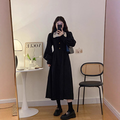 黑色赫本风气质娃娃领连衣裙女秋冬大码胖mm收腰显瘦针织拼接长裙