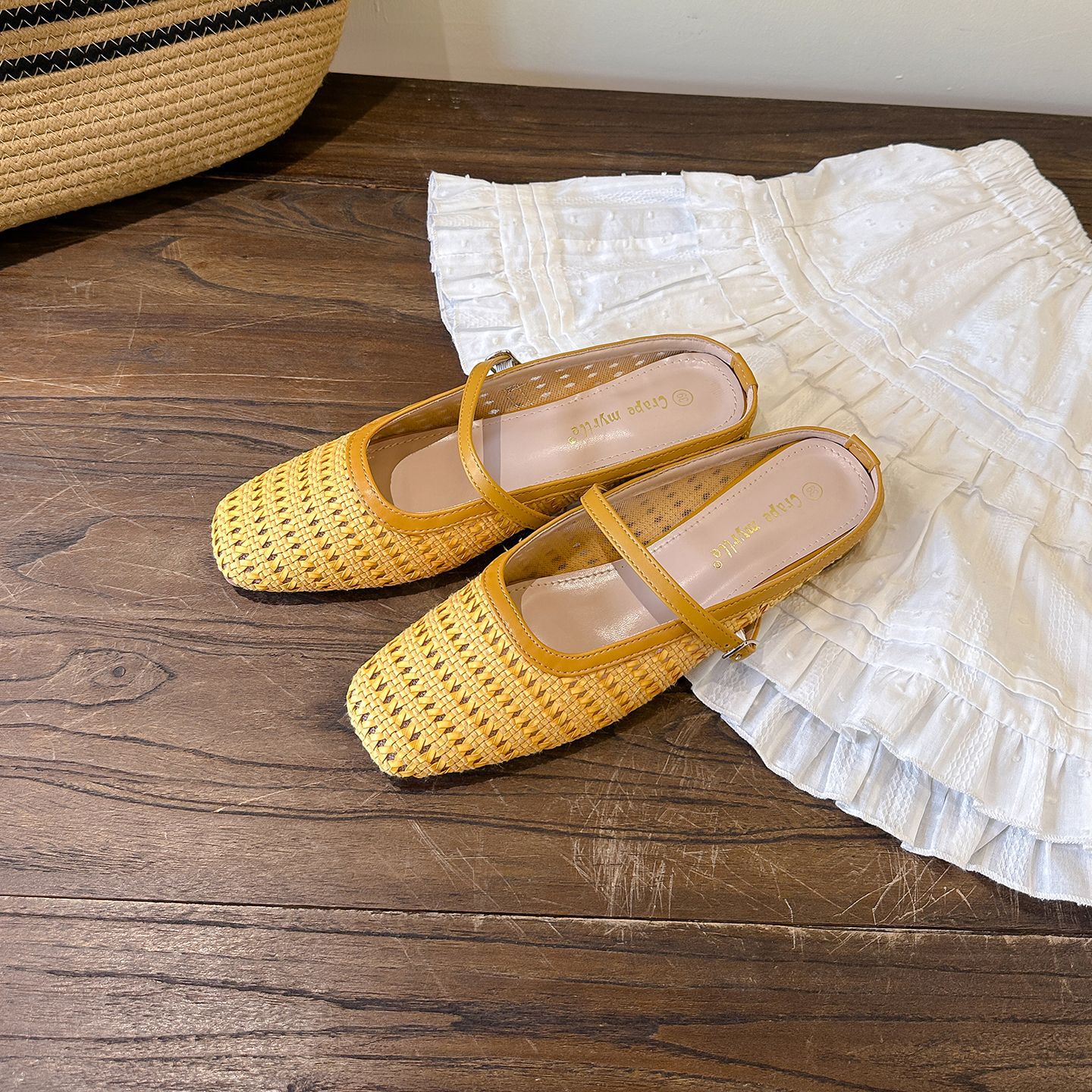 Sandalias Mules de Tacón Ancho de Microfibra Punta Cuadrada Tejida Calada para Uso Diario y Exterior