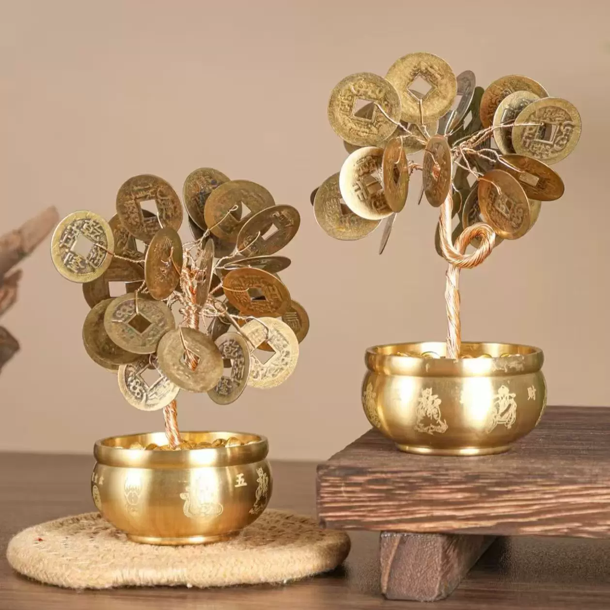 摇钱树黄铜摆件工艺品客厅桌面聚宝盆元宝五帝钱家居装饰厂家批发