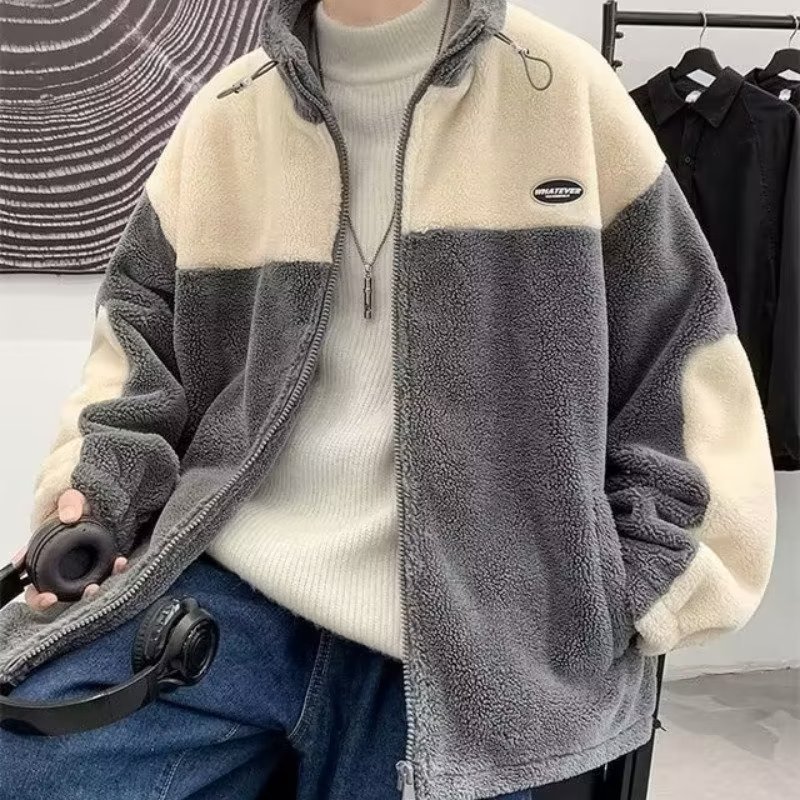 羊羔毛外套撞色拼接男士青少年宽松加绒摇粒绒棉服上衣服休闲夹克|undefined