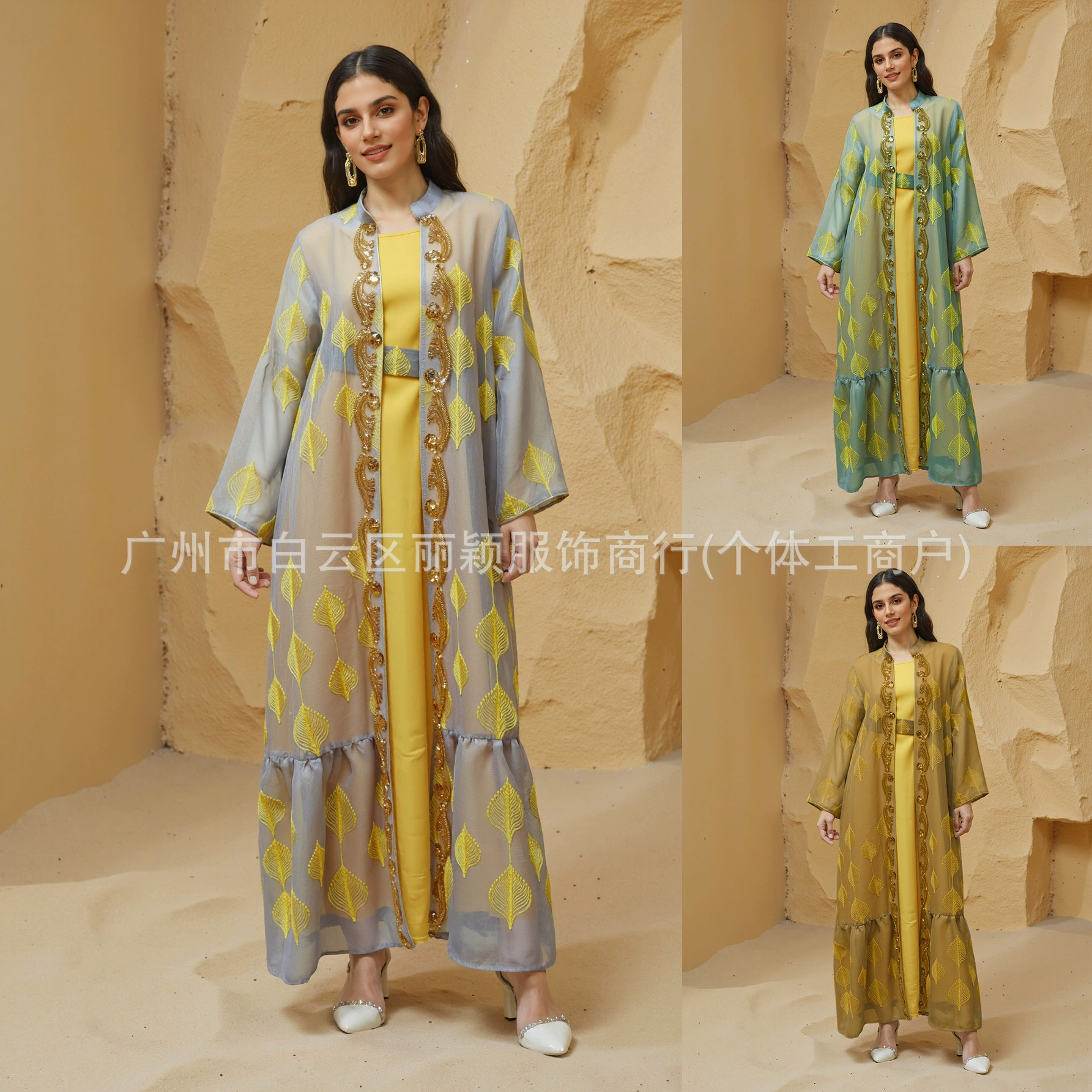 Мусилин кросс-бордер новая одежда для женщин Ближнего Востока Саудовская Аравия Дубай модный вышитый шифоновый халат двухсоставной с поясом экспорт