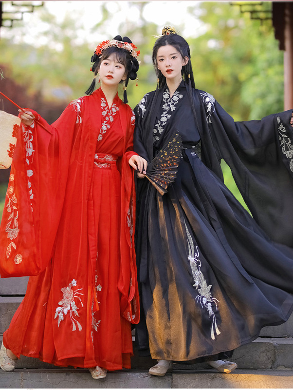 Autumn and Winter new couple's clothing Hanfu Wei and Jin style elegant Red White Black Cross collar men's and women's daily embroidered ancient costume
