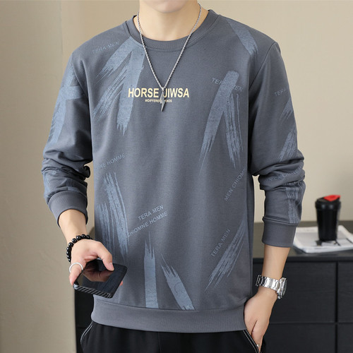 New men's spring and autumn versatile long-sleeved t-shirt crew neck casual base shirt loose printed fashion top
