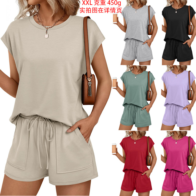 Amazon Cross-Border European and American Foreign Trade Women's Round-Neck Top and Shorts Set Summer Drawstring Sports Casual with Pockets