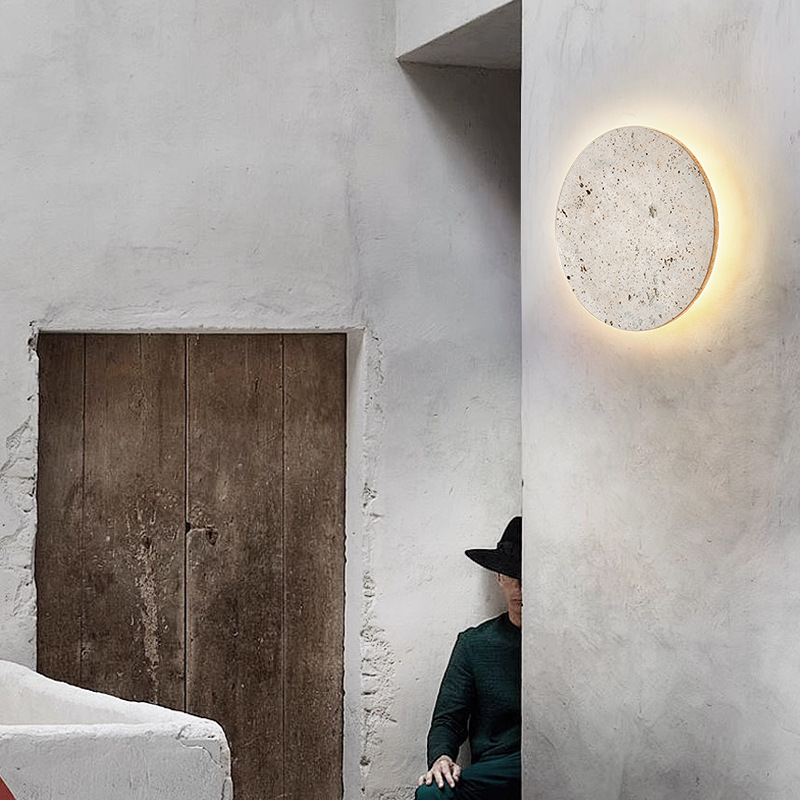 Escaleras delgadas atmósfera diseño de piedra de lámpara de pared estilo japonés viento silencioso agujero de dormitorio sala de estar lámpara de pared de cabeza de cama edificio de diseño de lienzo amarillo