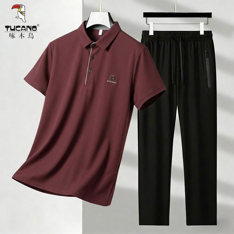 Woodpecker Father's Summer Suit Short-Sleeve Ice Silk Polo Shirt Men's Casual Pants Dad's Wedding Outfit Two-Piece Set