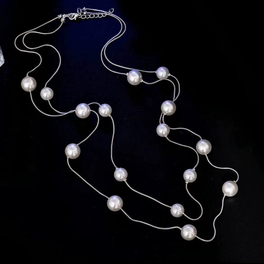 Long Pearl Necklace, Four-Leaf Clover Charms, Sweater Chain Style, 1.5 m Options