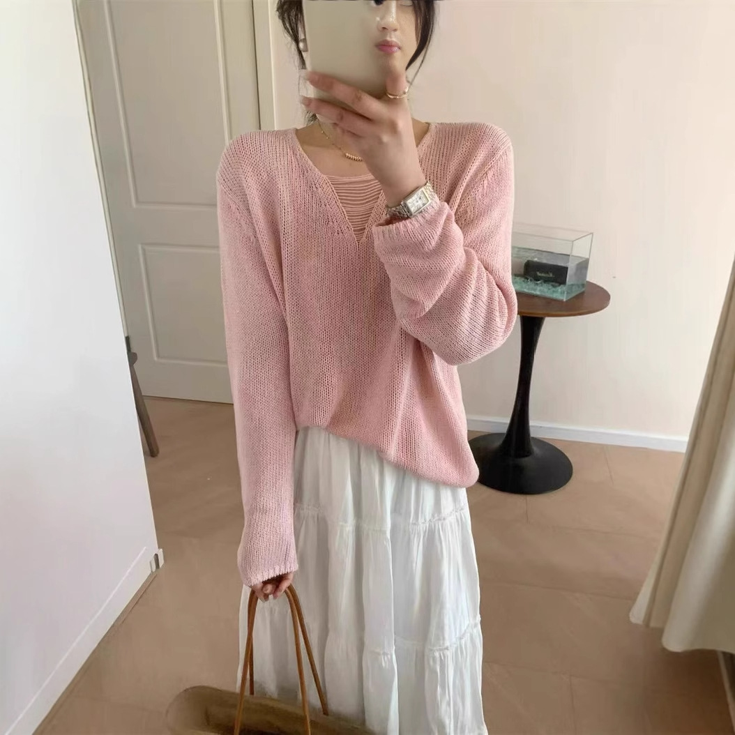 2025 primavera y verano nuevo estilo coreano simple cuello en V diseño hueco suelto casual todo-fósforo protector solar fino top de punto image 5