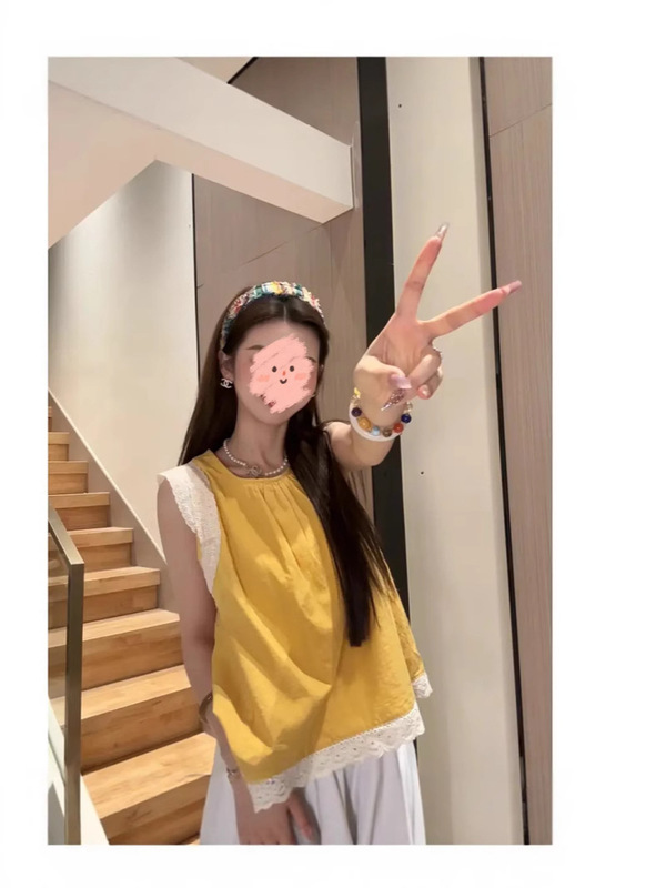 女性用レーススプライシングノースリーブシャツ、夏デザインベビードールシャツ、小柄で甘いシャツトップ|undefined