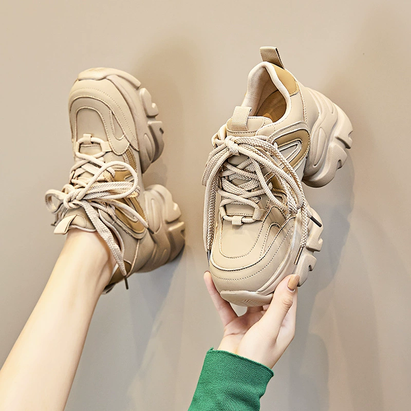 Осенне-зимние женские кроссовки из натуральной кожи на толстой подошве, увеличивающие рост на 8 см, удобные повседневные спортивные кроссовки на шнуровке для женщин, универсальные и стильные.