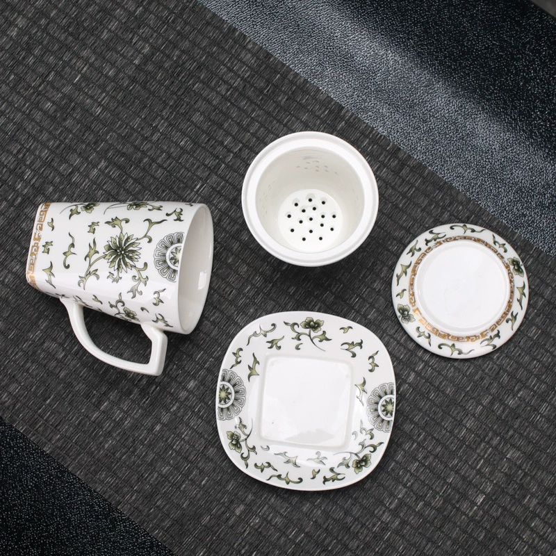 Blue and white tea cup, ceramic set for office, 4 piece set