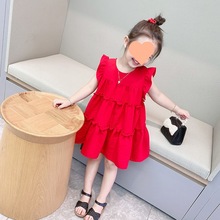 儿童裙子夏季女装2022新款童装夏装3--8岁大红色女宝宝洋气连衣裙