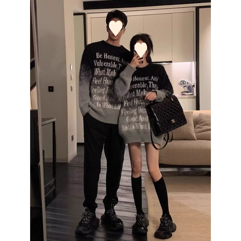 国潮字母印花长绒毛衣2025秋冬季新款街头宽松情侣针织衫圆领上衣