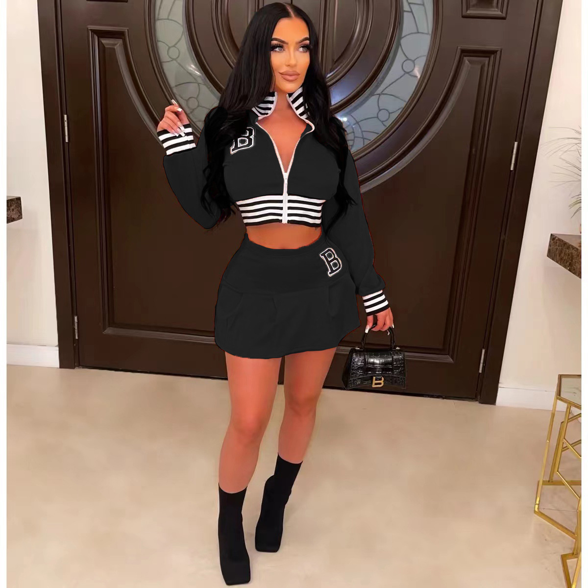 Roupas femininas outono e inverno moda uniforme de beisebol terno com saia de letras_voghion.com