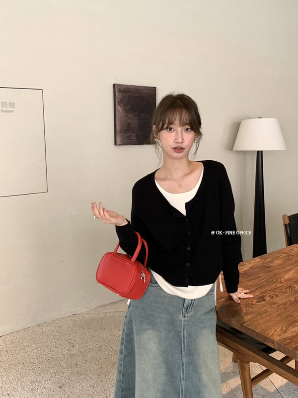 假两件针织衫女韩版设计感百搭通勤简约拼色长袖T恤上衣早秋新款|undefined