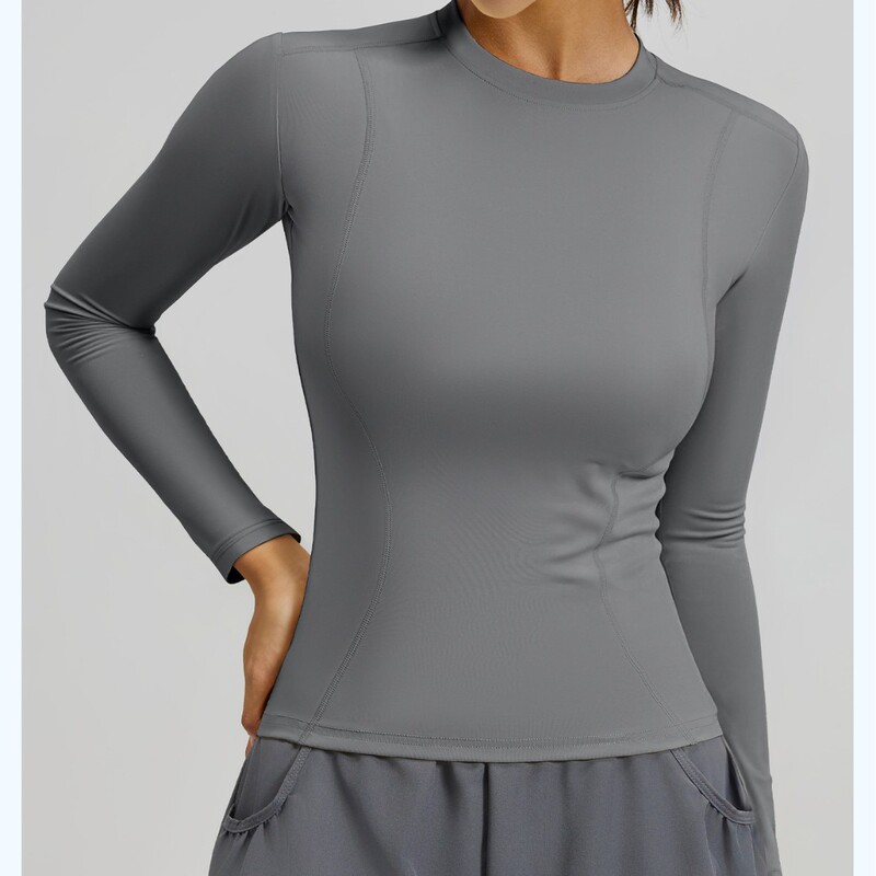 Peach-Colored Round-Neck Tight-Fitting Long-Sleeve Base Shirt for Fitness, Sports, Slim-Fit Yoga Wear, Basic T-Shirt Top for Women