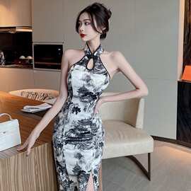 高级感复古优雅气质开叉水墨修身改良削肩旗袍包臀显瘦连衣裙