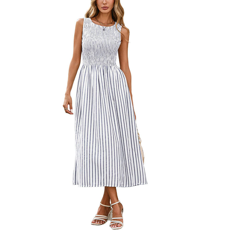 Women Summer Striped Sleeveless Maxi Dress Smocked A-Line Beach Holiday Dress with Pockets