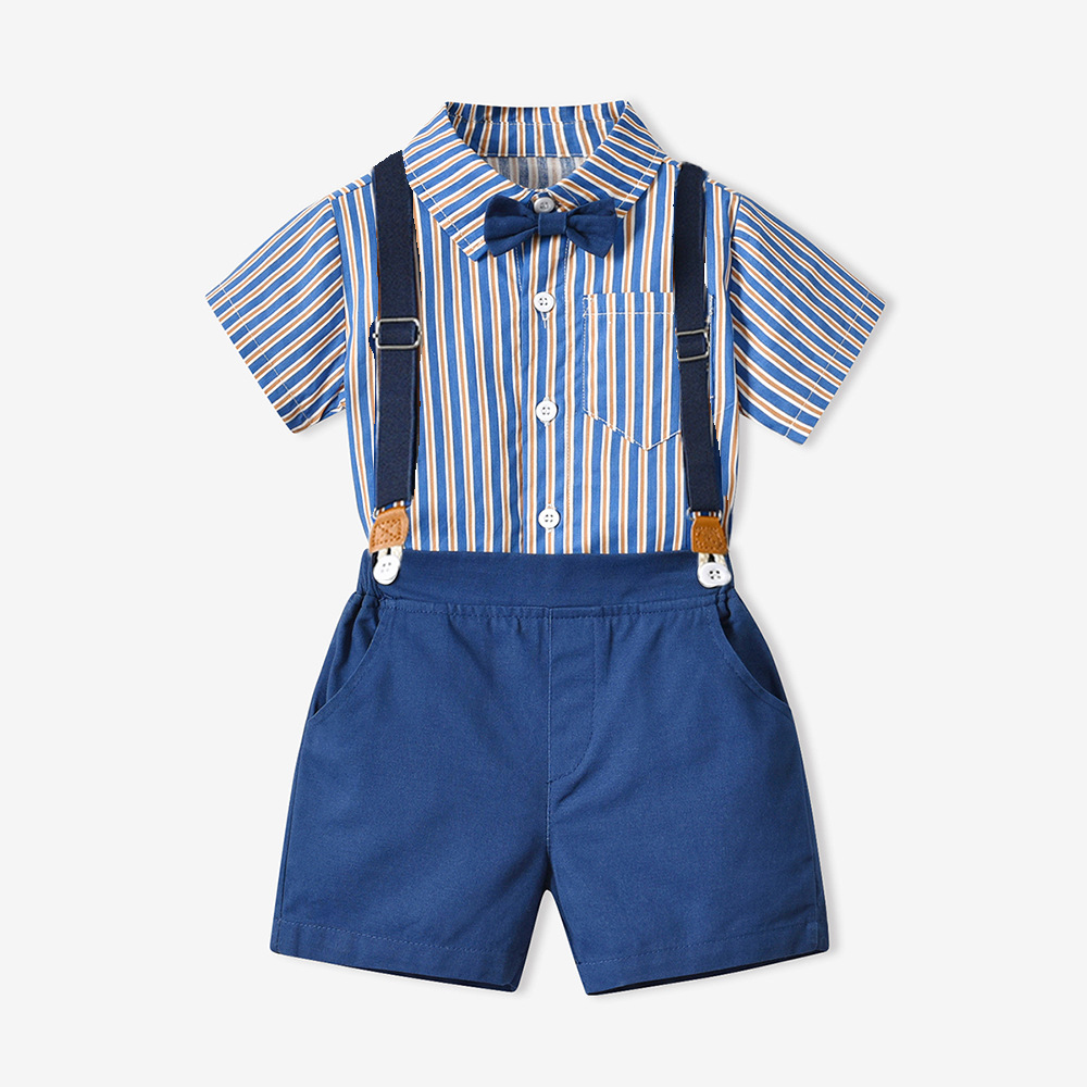 Vestido infantil de verano a rayas collar arco camisa de mangas cortas cinturón pantalones cortos modestamente florista juego de ropa de espectáculo