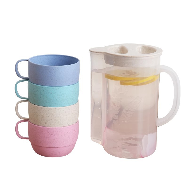 Juego de hervidor de agua frío para el hogar de paja de trigo al aire libre, hervidor de agua frío higiénico ecológico con taza, tetera de jugo de frutas resistente a altas temperaturas