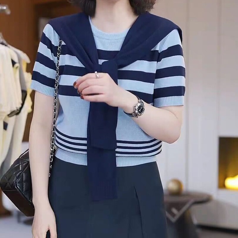 Blue Navy Collar Short-Sleeved Striped Knitwear for Women 2026 Summer New Style Slimming and Age-Reducing Versatile Top Blue Navy Collar Short-Sleeved Striped Knitwear for Women 2026 Summer New Style Slimming and Age-Reducing Versatile Top