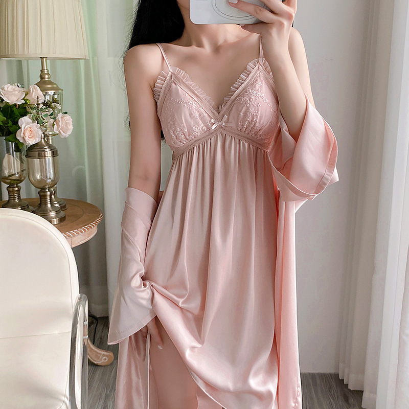 2025新款冰丝睡裙女士带胸垫花边高级感休闲长袖睡袍家居服两件套|undefined