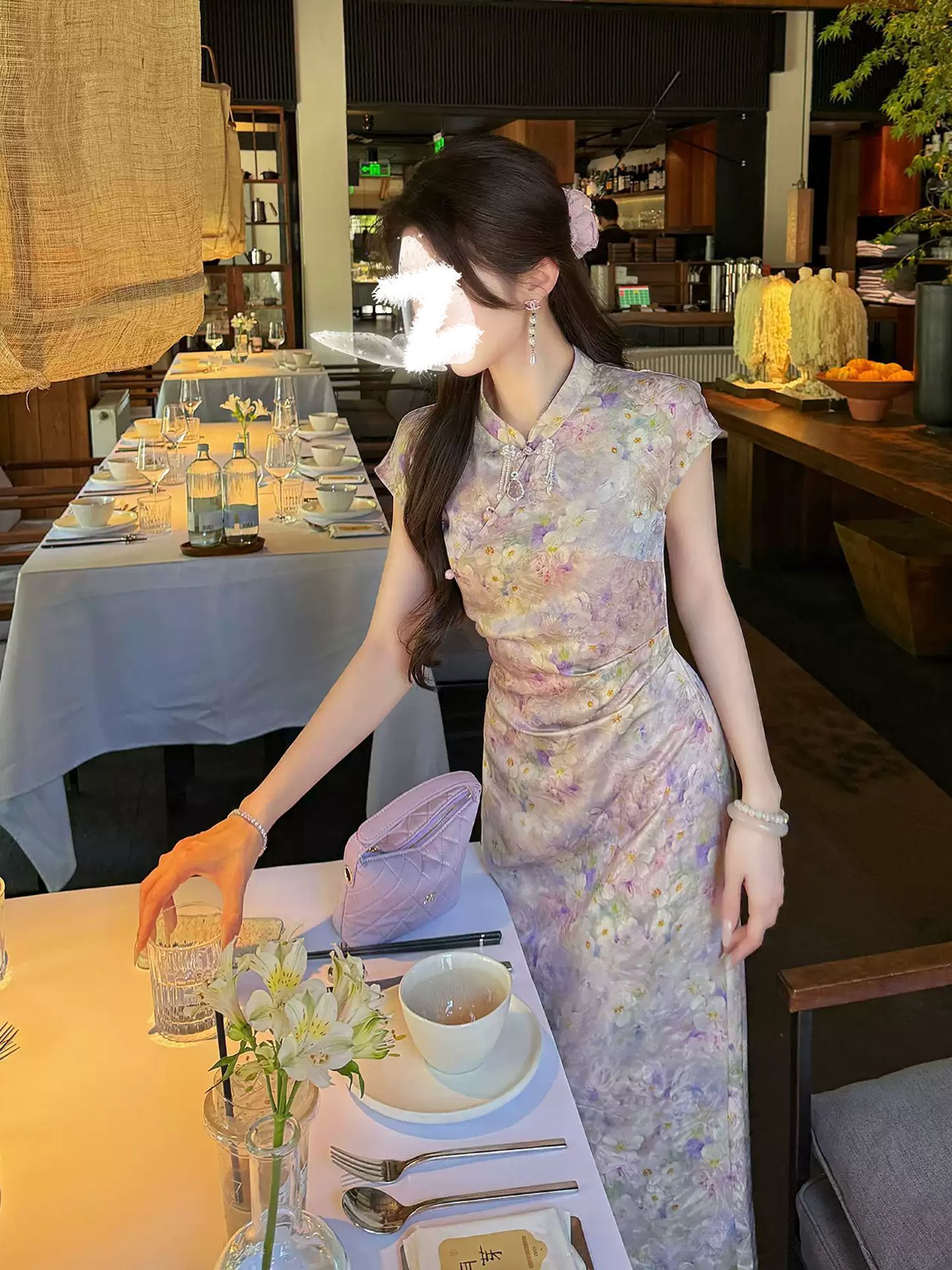 Đầm maxi nữ thắt eo họa tiết hoa nhí phong cách Trung Hoa hiện đại — màu tím chi tiết 4