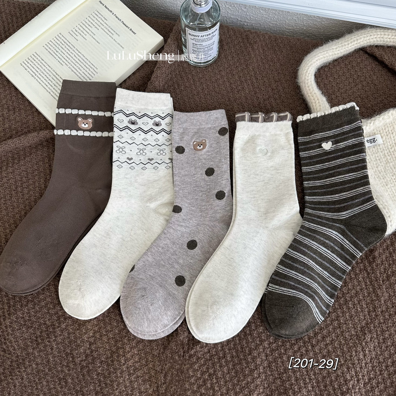 Lulu's new autumn and winter socks for women, striped decorative socks, Korean-style ins trendy bow-knot embroidered stacked socks