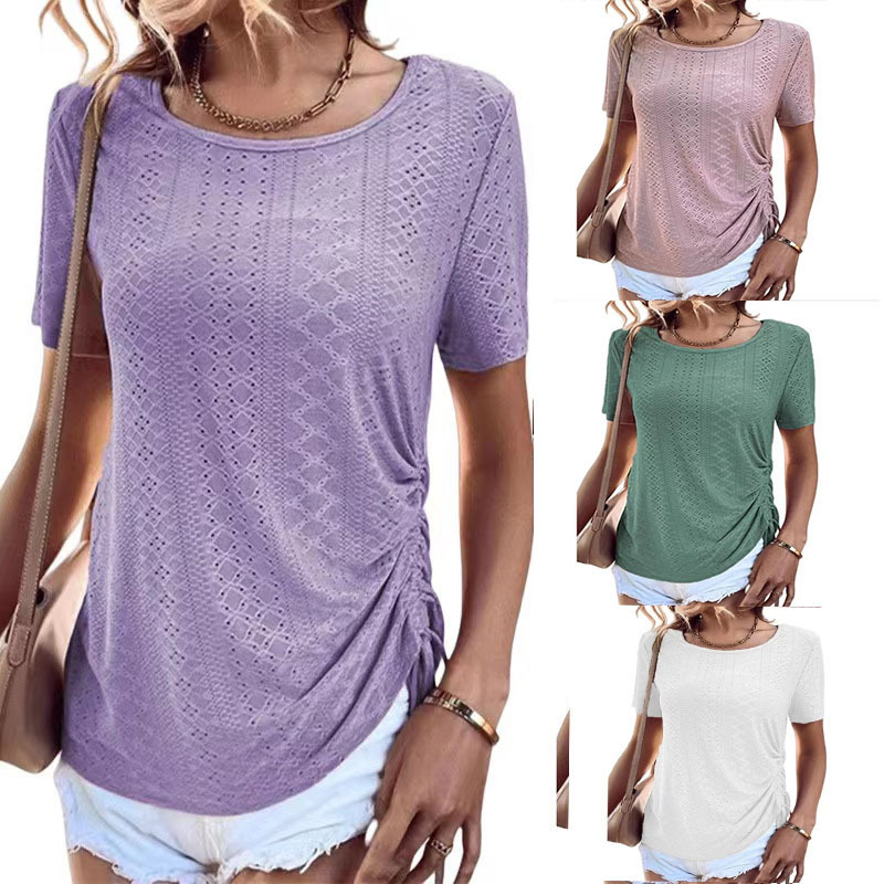 European and American Cross-Border Temu2026 Amazon Summer Casual Round Neck Lace Hollow Drawstring Loose T-Shirt Top for Women