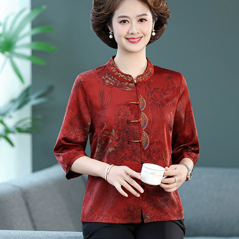 Среднего и пожилого возраста бабушка новый китайский стиль рубашка женская весна и лето шелк атласная мама летнее платье с отворотами, дикий кардиган топ