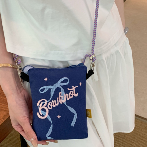2024 New Ribbon Bow Letter Embroidery Crossbody Fresh One Shoulder Mobile Phone Bag for Women Literary