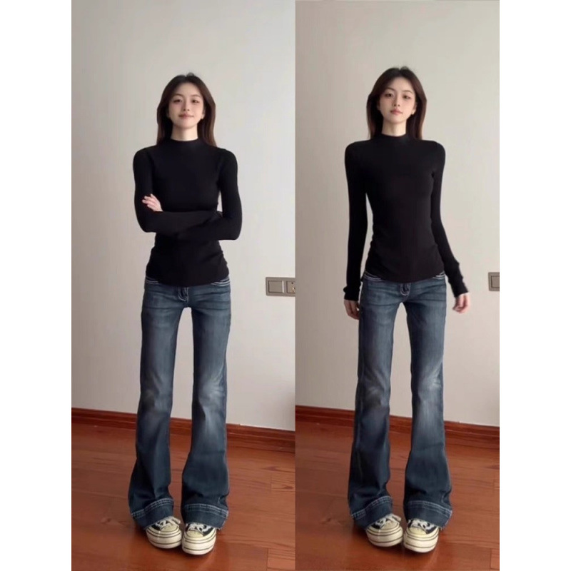 美式复古黑色高级感长袖半高领t恤女早秋紧身简约风百搭打底衫潮|undefined