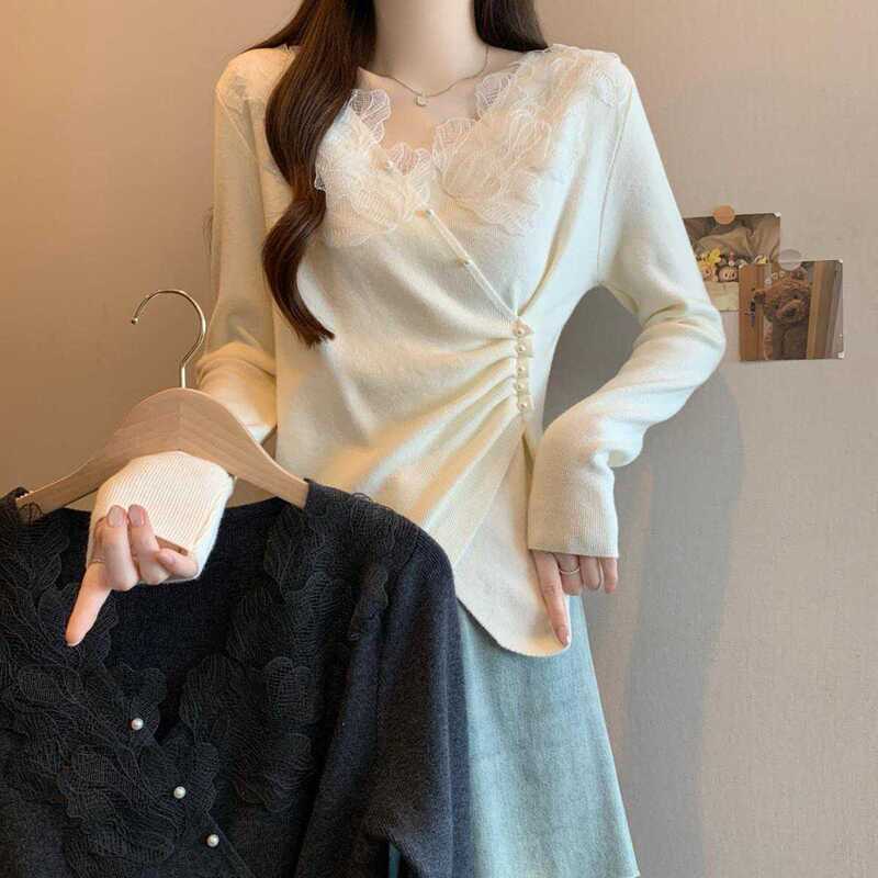 Plus-Size Autumn and Winter New Style German Velvet Lace Trim Base Shirt for Women, Irregular Beaded Ruched Waist-Slimming Top Plus-Size Autumn and Winter New Style German Velvet Lace Trim Base Shirt for Women, Irregular Beaded Ruched Waist-Slimming Top