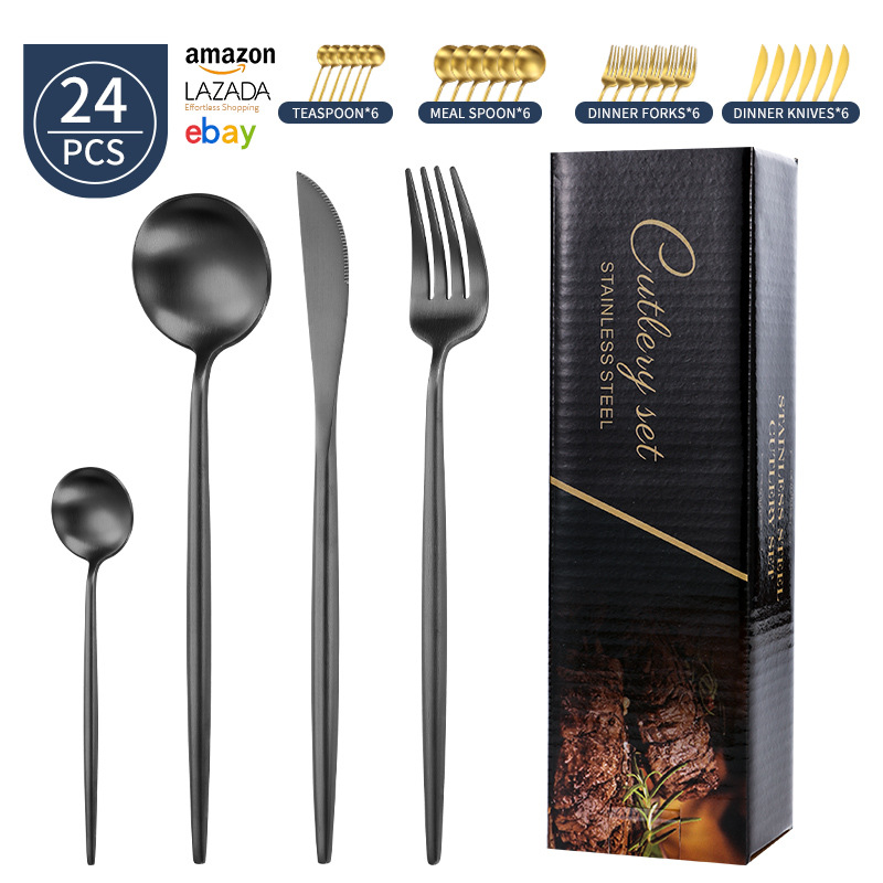 Transfronterizo Amazon mango redondo portugués cuchillo y tenedor cuchara set de platos de acero inoxidable mate cuchillo y tenedor de filete set 24 piezas