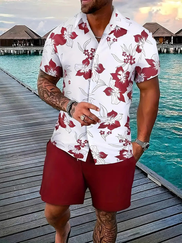 跨境爆款翻领椰树爆款男式短袖衬衫夏季休闲时尚短裤纽扣衬衫套装|undefined