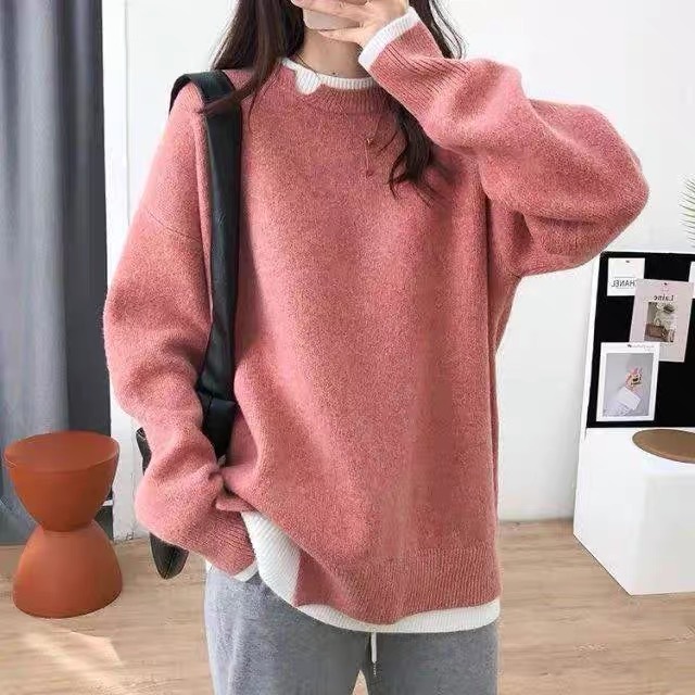 GraceChic GraceChic GraceChic 2021 Two-Piece Knitted Autumn Winter New Korean Version Age-Reducing Loose Soft Casual Color-Block Sweater Coat For_voghion.com