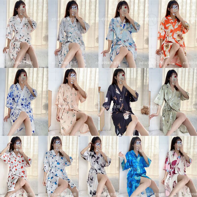 Nightgown for women Spring and Autumn Ice Silk artificial silk thin sexy summer pajamas nightdress lace-up kimono loose bathrobe Nightgown for women Spring and Autumn Ice Silk artificial silk thin sexy summer pajamas nightdress lace-up kimono loose bathrobe
