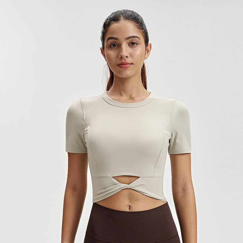 Camiseta de yoga delgada para mujer lulu dobladillo corto torcedura de manga corta sudadera de alto elástico con cordón umbilical top de ropa de fitness