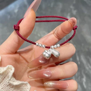 足银999纯银手链好柿花生手链柿柿如意手绳女酒红色绳简约手工编