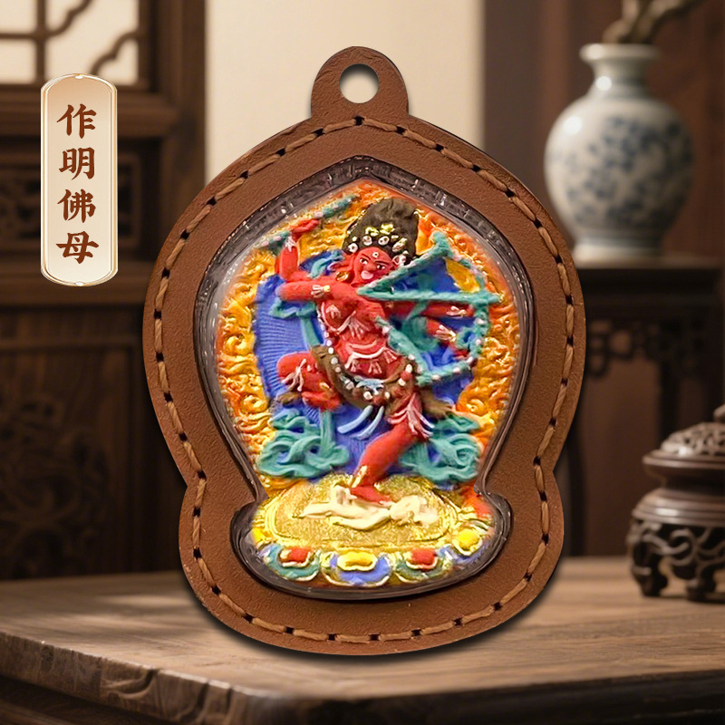 六臂绿度母五爷扎基拉姆黄财神皮壳嘎乌盒立体手绘擦擦唐卡吊坠|undefined