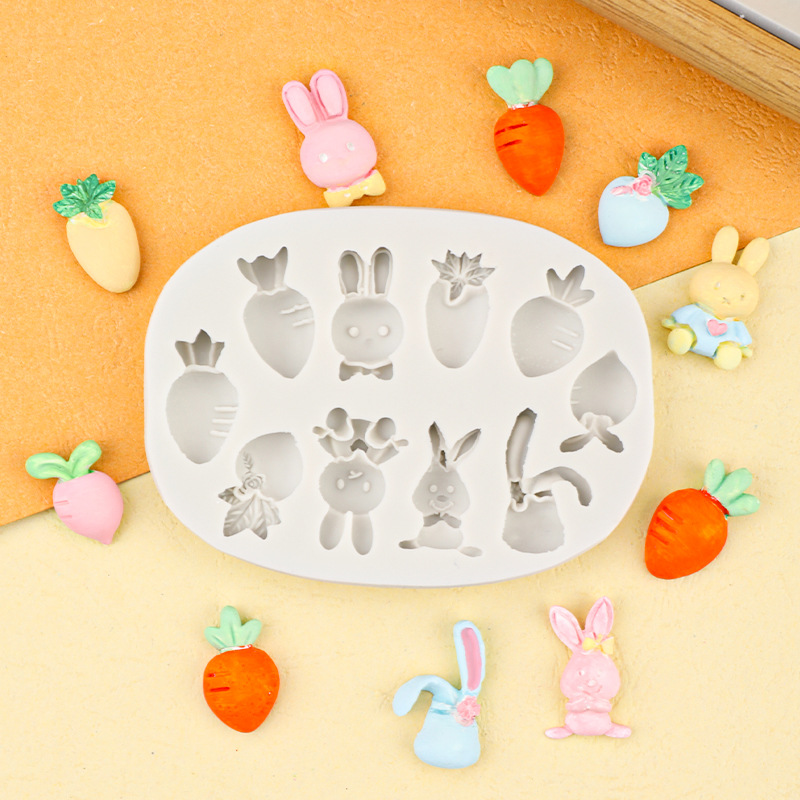 Molde de silicona de conejito de dibujos animados fondant molde de silicona para hornear en forma de rábano molde de decoración de pastel de chocolate de bricolaje