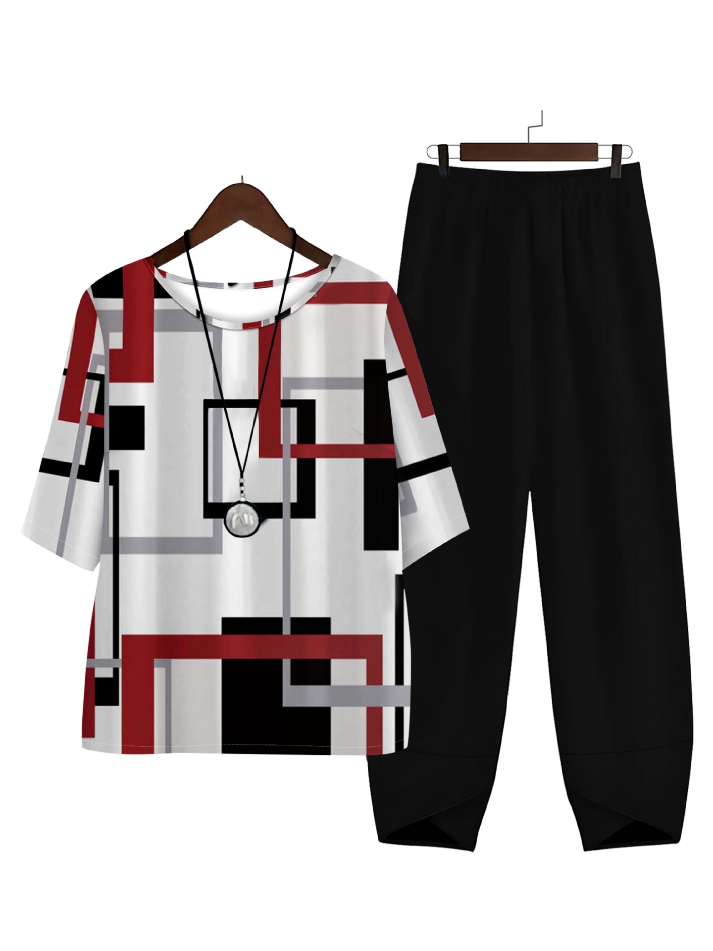 GraceChic GraceChic GraceChic Europäische und amerikanische grenzüberschreitende, heiß begehrte Plus-Size-Damen-Freizeitkleidung mit geometrischem Print, Kurzarm + einfarbige Hose_voghion.com