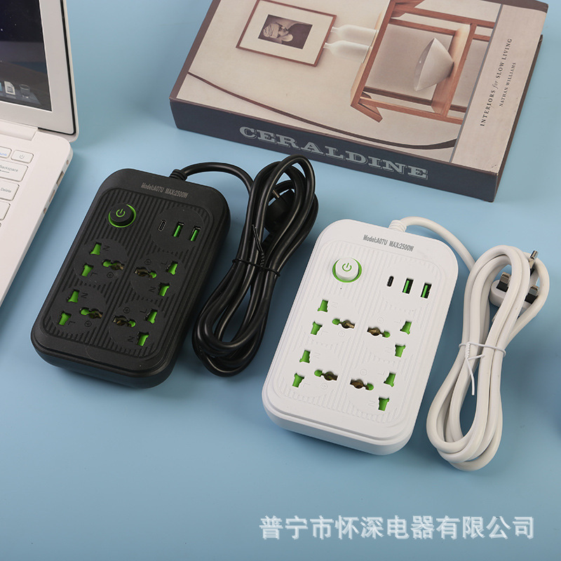 2USB + 1Type-c interfaz de carga de teléfono celular con caja negra con puerta de seguridad interruptor de anillo verde estándar británico estándar europeo estándar americano