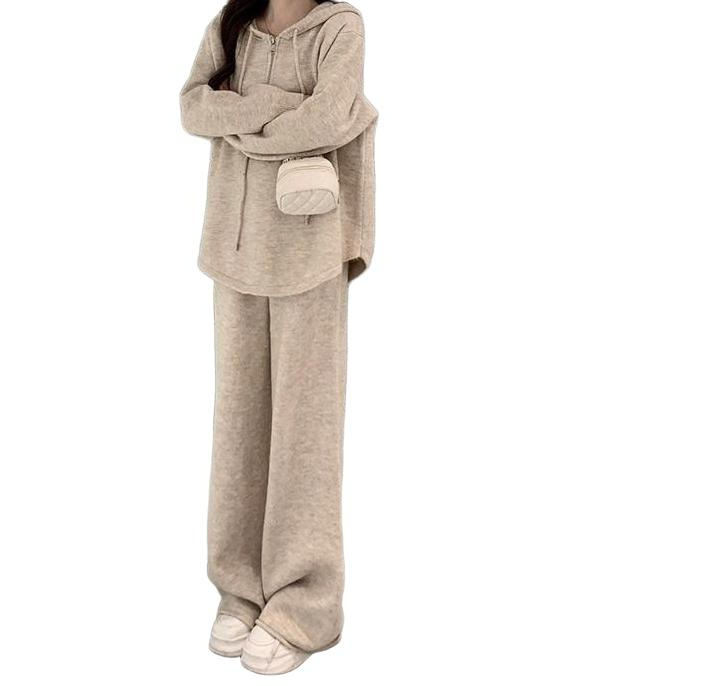 新款显瘦纯色韩版春秋季时尚两件套宽松女连帽卫衣休闲运动服套装|undefined