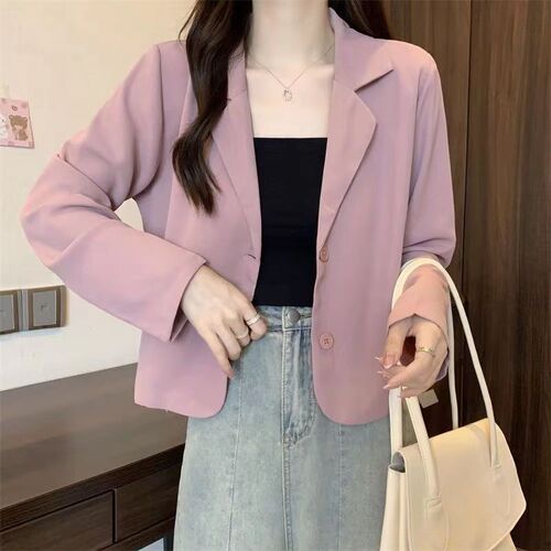 Women's Khaki Color Small Suit Jacket Spring and Autumn Korean Style Versatile High-end Short-Sleeve Top for Petite Figures