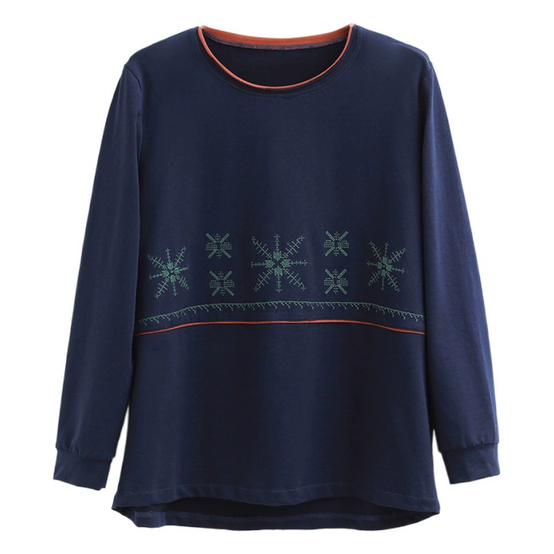 Футболки с длинными рукавами для женщин среднего и старшего возраста, новый весенне-осенний стиль, футболки больших размеров для мам, стильные топы с вышивкой, базовые футболки.