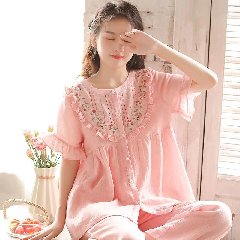 New Embroidered Pajamas Women's Summer Cotton Gauze Short-sleeved Trousers Two-piece Set Japanese Sweet Home Clothes suit