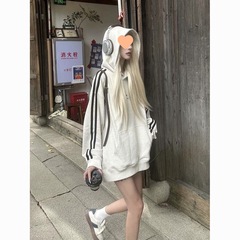 美式插肩三条杠连帽卫衣女秋冬oversize设计感小众慵懒风情侣外套